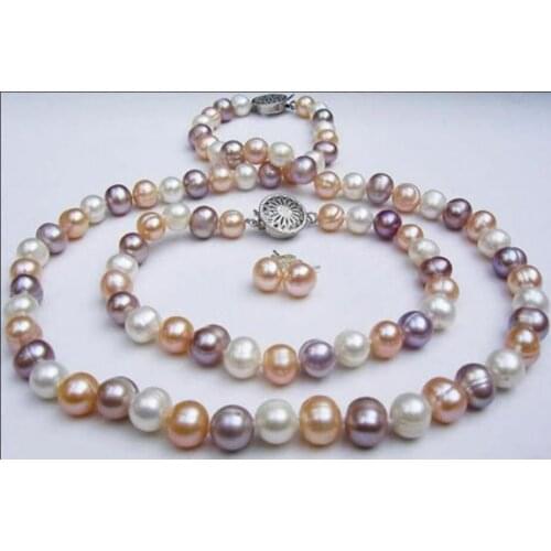 Natural 8-9mm mixed-colour pearl Necklaces Bracelets Earrings sets 18"7.5"