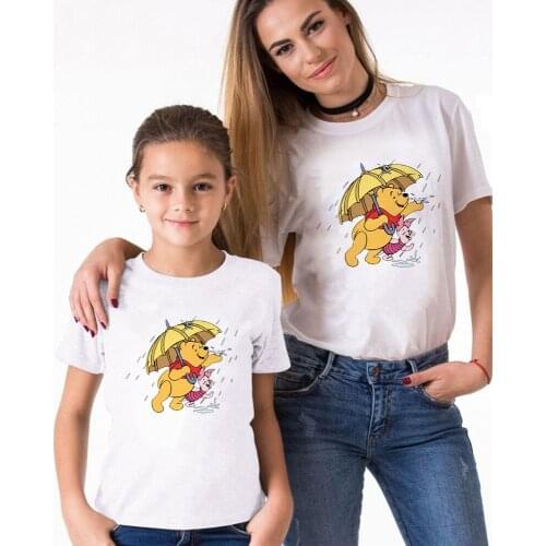 Family T Shirts Summer White O-neck Winnie The Pooh Cute Cartoon Tshirt Harajuku Father Mother Kids Clothes Family Matching Tops
