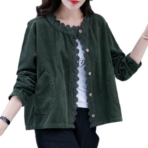 Corduroy Short Jacket Female Tops 2021 New Spring Autumn Lace Stitching Single-Breasted Coat Outerwear Baseball Uniform W710