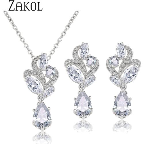 ZAKOL Exquisite White Zirconia Flower Jewelry With Fashion Marquise Crystal Jewelry Sets For Bridal/Women Accessories FSSP268