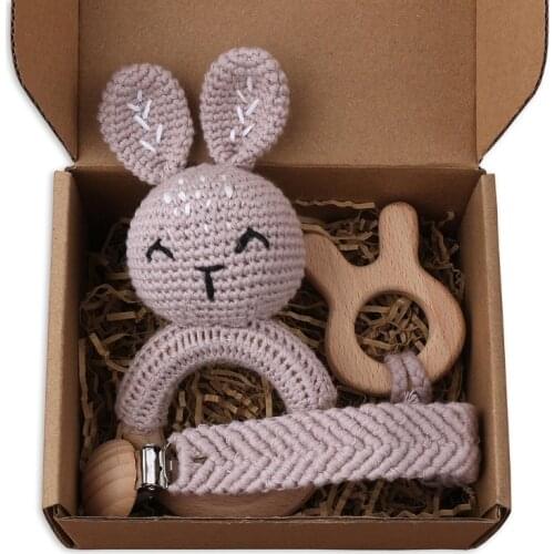 1 Set Crochet Baby Rattle Toys Beech Wooden Teething Ring Teether Pacifier Chain P31B