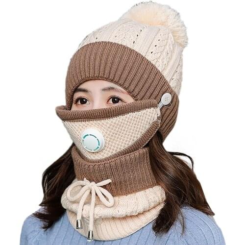 3PCS Women Knitted Thicken Warm Cap Winter Hats For Women Beanies Hat Set Balaclava Female Outdoor Soft Gorros Cap with Valve