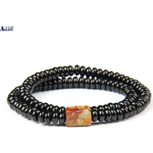 Ailatu New Black Onyx Stone Flat Bead Double Beaded Bracelets with Natural Picasso Beads Nice Gift for Cool Men