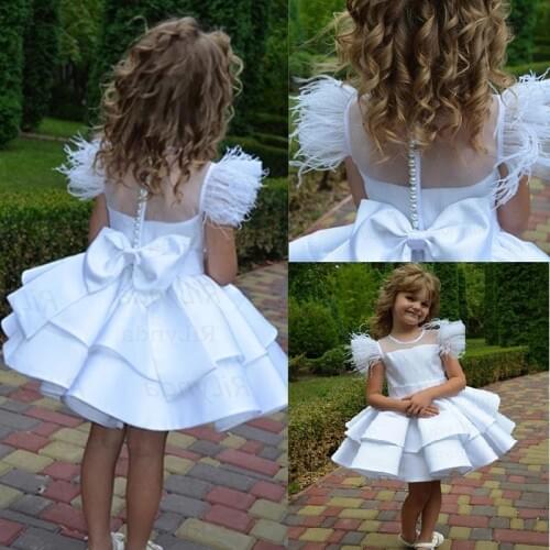 White Elegant Knee Length Flower Girl Dresses for Wedding Feather Pearls Baby Birthday Party Gowns