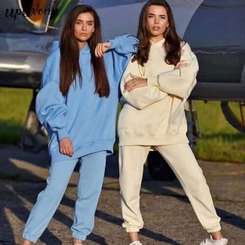 Free Shipping 2020 New Womens Loose Warm Sports Set Long Sleeve Hoodie Plus Fleece Sweater & Elastic Pants Two-piece Casual Set