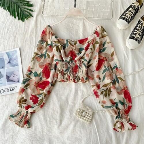 Retro Wooden Ear Print Blouse Holiday Beach Style Slim Fit Pleat Blusas Square Collar Off Shoulder Chiffon Shirt 48982