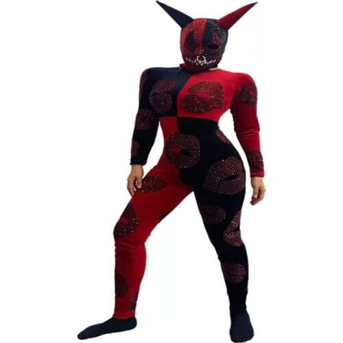 H101 Halloween Tight Cosplay Pole Dancer Party Elastic Stretched Festival Show Satan Diamond Drilling Chain Jumpsuit Club Devil