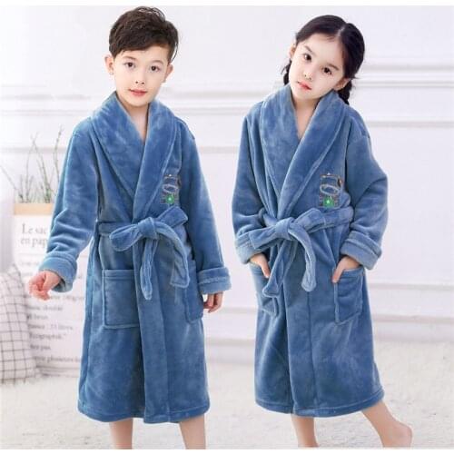 Kids thick bathrobe classic flannel solid bathrobe sleepwear for 5-10years child boys girls home robe indoor nightwear clothes