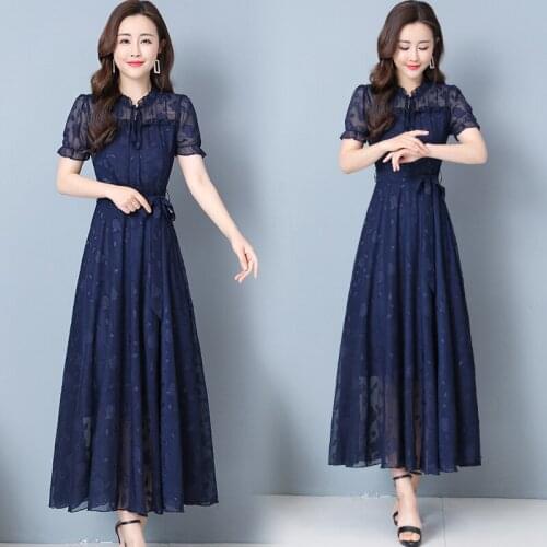 Korean version of large-size lotus leaf collar slim short-sleeved jacquifier chiffon dress big swing long dress girl