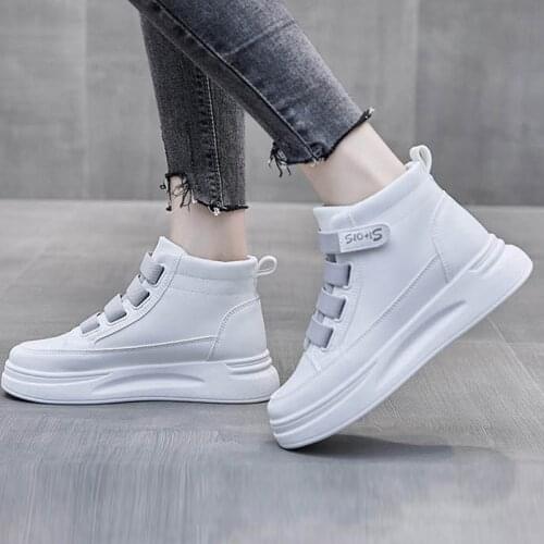 Women Sneakers High Top Velcro Flats Leather All-Match White Shoes Student Female Casual Platform Increase Vulcanized Shoes