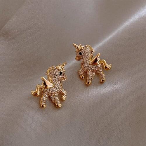 Lovely Unicorn Stud Earrings Fairy Animal Gold Plated Cubic Zirconia Stud Earrings Childrens Day Girls Birthday Gift Jewelry