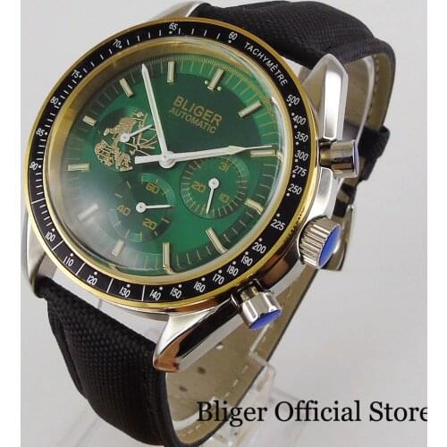 BLIGER Fashional Mechancial Black/Blue/Green Men Watch Leather Band Date Function Mineral Glass