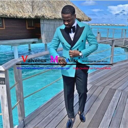Fashion Lake Blue Men Suits 2 Pcs Peaked Lapel Tailor-Made Formal Tuxedos For Wedding Double Breasted Groomsmen Prom Party Dress