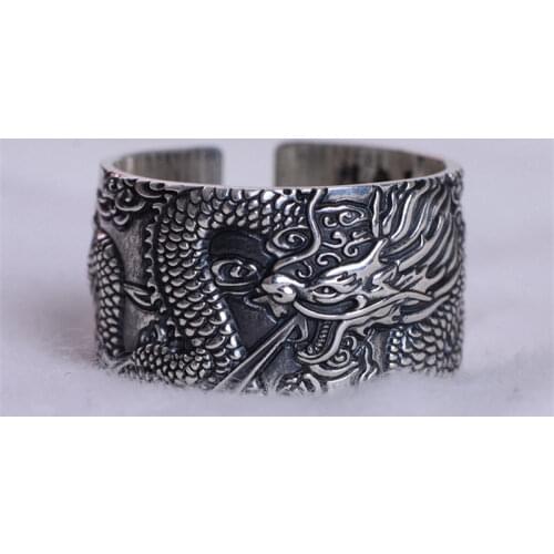 S999 fine silver restoring ancient ways men ring China wind dragon world silver ring inside carving buddhist heart sutra