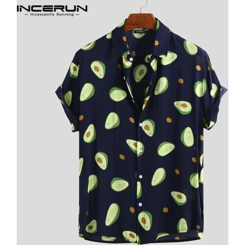 INCERUN Summer 2021 Fashion Hawaiian Mens Print Lapel Shirt Casual Holiday Avocado Streetwear Personality Camisa Masculina 5XL8