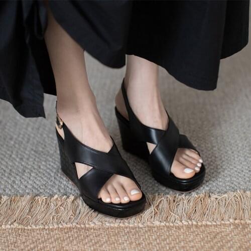 Platform Shoes Genuine Cow Leather Sandals For Women Shoes 2021 Summer Open-Toed Mid-Heel Wedge Sandals Women