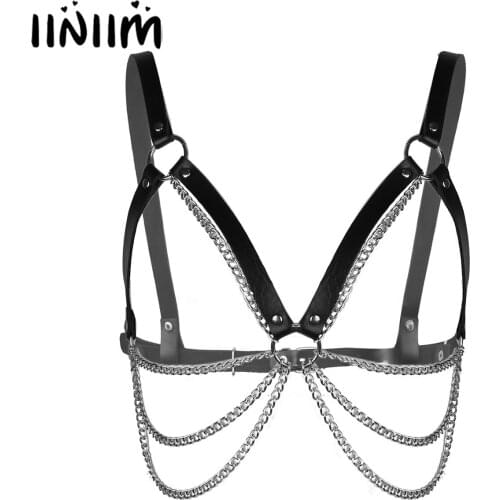 Unisex Punk Sexy Clubwear Stage Dance Show Novelty Party Costumes PU Leather Body Chest Harness Open Bra Tank Tops Tassel Chains