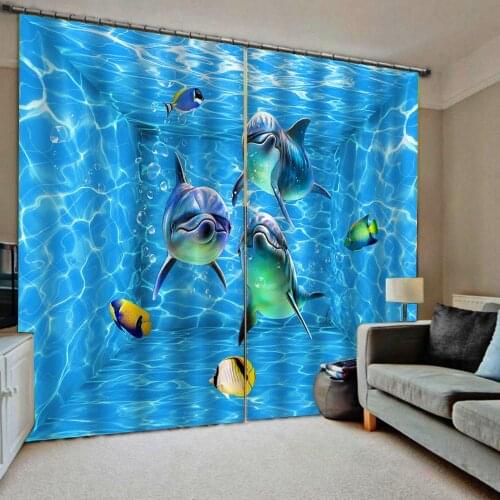 Modern Window Curtain Custom Blue Water Pattern Ocean Dolphin Curtain For Living room Blackout Childrens room beautiful Curtain