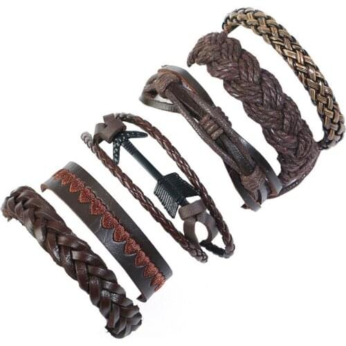 Vintage Brown Arrow Heart Leather Bracelets Punk Hippie Charm Handmade Braided Bangles Wrap Wristbands Fashion Retro Men Jewelry