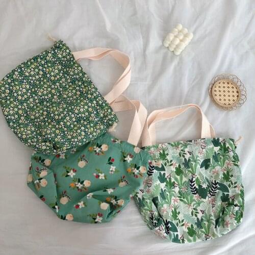 Japanese Sweet Flowers Lunch Bags For Women Cotton Drawstring Small Hand-held Bag Shopper Purse Food Bolsa
