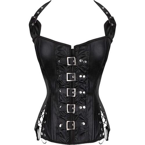Womens Sexy Black Brown Slimming Overbust Punk Rock Faux Leather Buckle-up Halter Corset Bustier Basque Lingerie With G-string