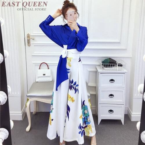 Womens Sets Two Piece 2019 Wide Leg Pants And Top Two Piece Set Floral Print Lace Up Elegant Woman Pants And Blouse Set AA4843