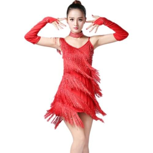 2018 Women Competition Dance Clothes Sequins Costume Set Fringe Salsa Ballroom Ladies Braces Latin Dress with Sleeves