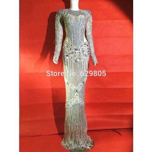 Luxury Glisten Silver Rhinestones Dress Flashing Sexy Stage Wear Long Dresses Full Crystals Costume Celebrate Outfit Dresses