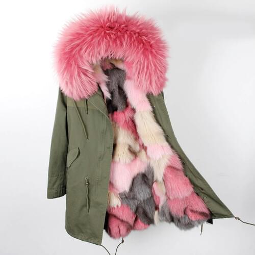 Winter jacket brand style silver army green Large raccoon fur collar coat parkas outwear long detachable fox fur lining Hooded