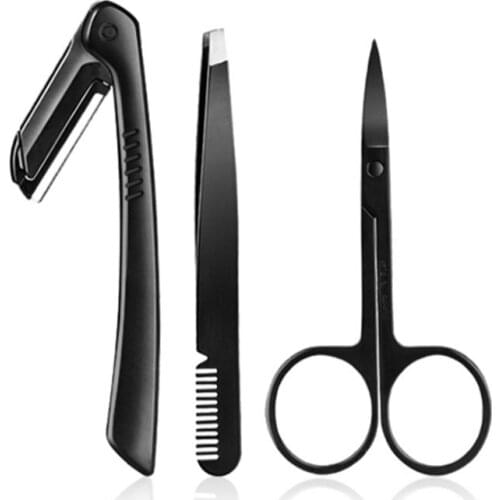 3pcs/Set Black Eyebrow Tweezer Flat Tip Clip Curved Scissors Razor Trimmer Nose Eyelash Hair Removal Stainless Steel Makeup Set