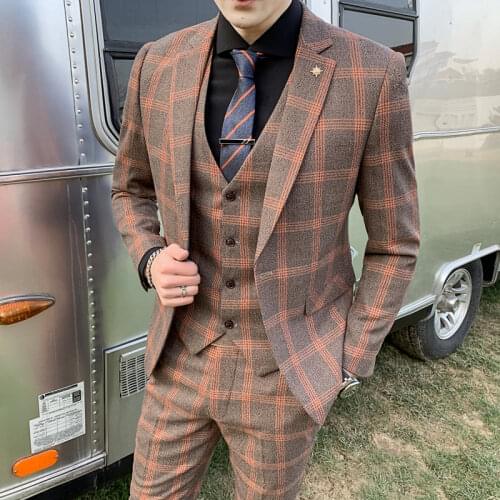 2021 High Quality Men Single Breasted Plaid Casual Wedding Suit Coat Trousers Mens Business Blazers Jacket Vest Pants 3 Pcs Set