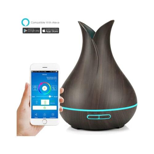400ml Ultrasonic Smart Air Humidifier Aroma Diffuser Essential Oil with Wood Grain 7 Color Changing LED Lights for Office Home