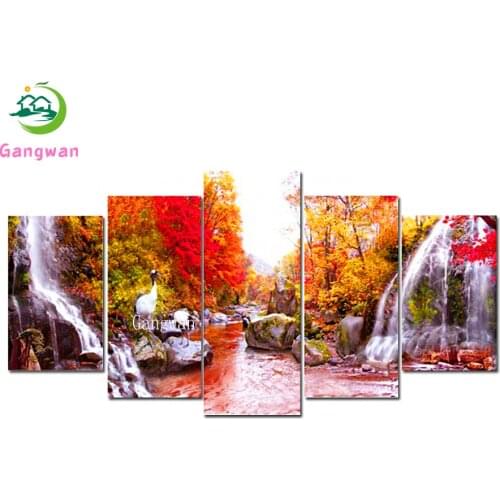 5D natural landscape Diamond Painting autumn waterfall Full Square/Round Diamond Embroidery red tree Home Decor Mosaic 5 pcs set