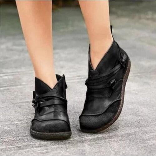 Soft Leather Women Zip Ankle Boots Vintage Ladies Flat Cross Strap Women Platform Shoes Female Casual shoes