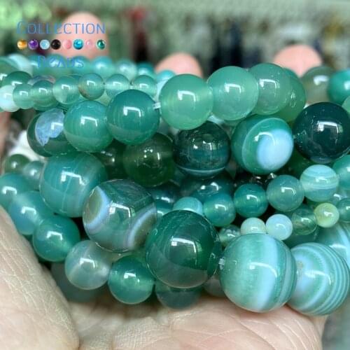 Natural Green Stripe Agates Stone Spacer Loose Round Beads For Jewelry Making 4-12 mm Diy Bracelets Accessories