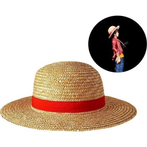 One Piece Cap Straw Hat Neck String Luffy Flat Hats Cosplay Japanese Cartoon Props Hat Kid Red Stripe Beach Hat 35CM
