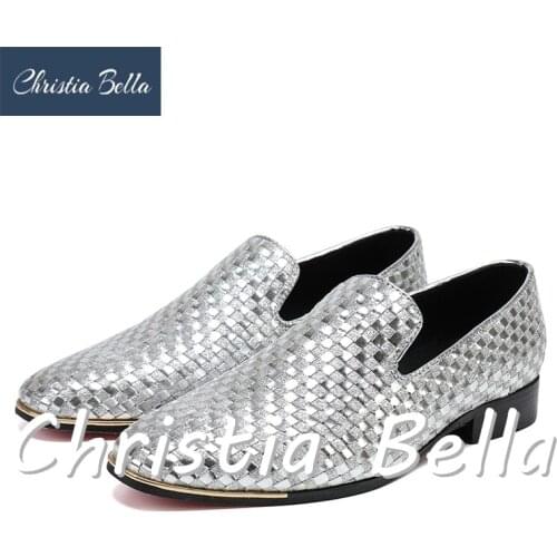 Christia Bella Handmade Woven Plaid Formal Mens Dress Shoes Genuine Leather Luxury Sliver Wedding Shoes Men Flats Office Loafers