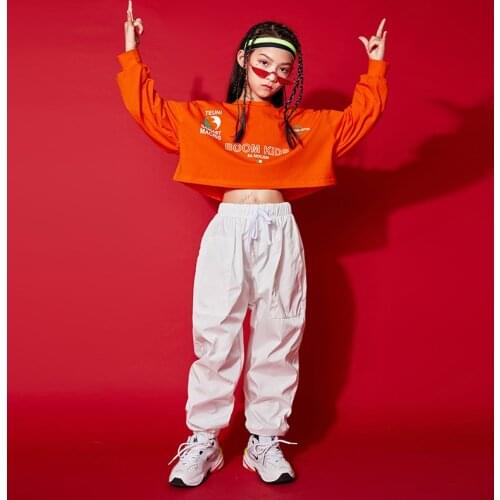 Children Cool Hip Hop Clothing Sweatshirt Crop Top Long Sleeve White Streetwear Jogger Pants for Girl Jazz Dance Costume Clothes