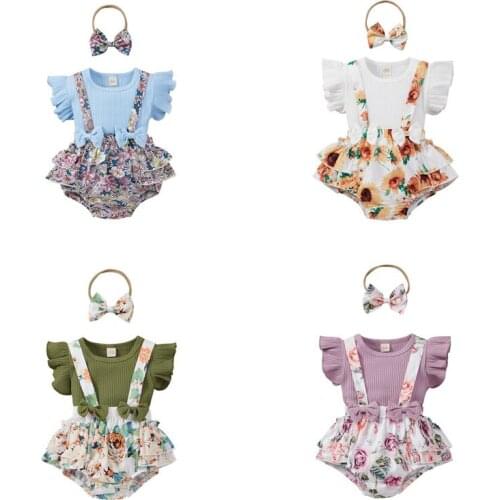 Baby Summer Clothing Sets Toddler Newborn Infant Girls Knitted Short Sleeve T-shirts+Floral Bowknot Suspender Shorts+Headband
