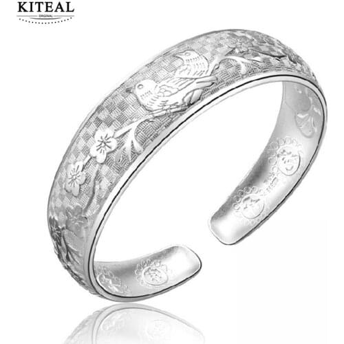 KITEAL 925 Lovely silver color Friend charms bangle engrave flower pattern vintage jewelry bracelet prices in euros