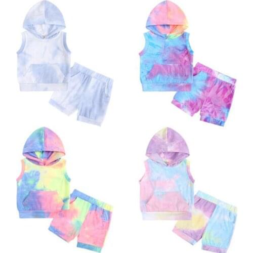 Summer Children Baby Boy Girl Sleeveless Tie-dye Hoodie + Short Pants Sweat Suit Infant Kids Baby Boy Girl Clothes Suit
