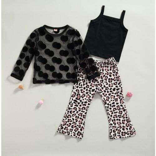 1-6Y Fashion Toddler Baby Girls Fall Clothes Sets Dot Mesh Lace Long Sleeve Pullover Tops+Vest+Leopard Flare Pants 3pcs