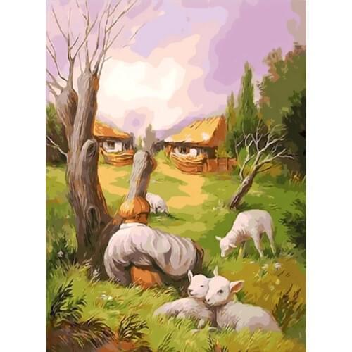 Framed DIY Painting By Numbers Landscape Tree Kit Acrylic Paint On Canvas Modern Wall Art Picture By Numbers For Living Room