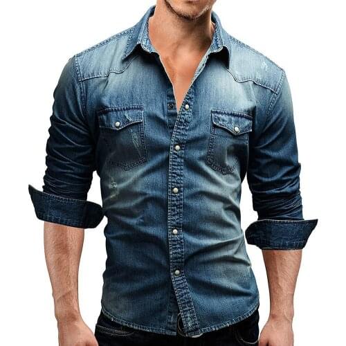 Shirts Men Fashion Long Sleeve Lapel Collar Pockets Denim Shirt Casual Men\s Top Mens Clothing 2021