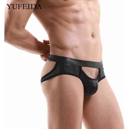 Sexy Mens Briefs Underwear Backless Jockstraps Gay Big Penis Pouch Male Homme Panties Faux Leather Underpants Bikinis Swimwear