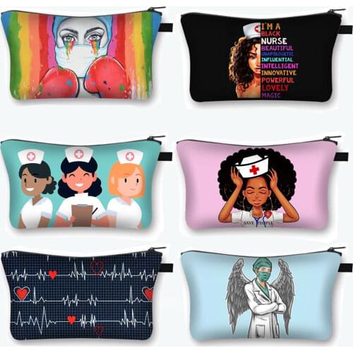 Nurse with Angel Wings Cosmetic Case Women Makeup Bags Ladies Storage Bags for Travel Zipper Cosmetic Organizer Bag