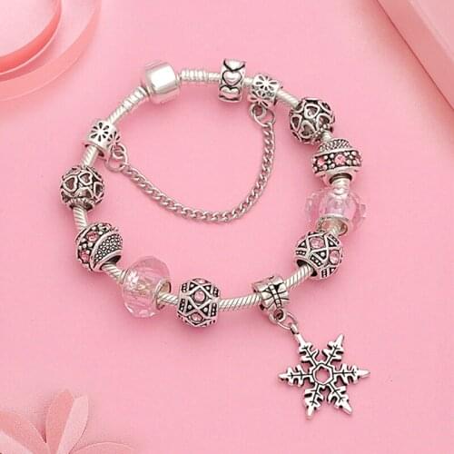 Tibetan Silver Snowflake Charm Bracelet Fashion Casual Crystal Bead Bracelet Bangle Diy Jewelry Making Gift Pulsera De Mujer
