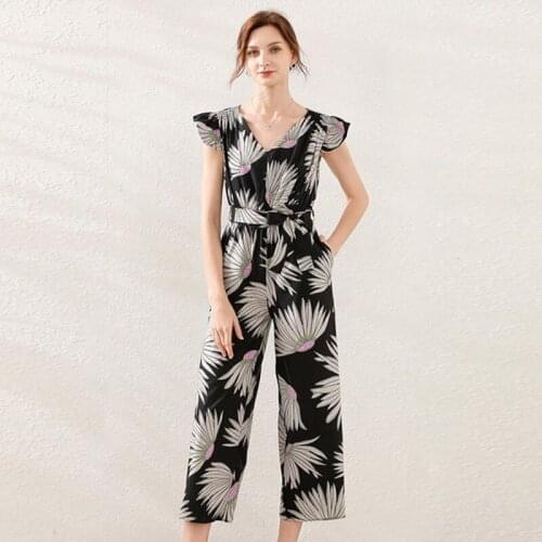 Vintage sunflower Painting Print V Neck Jumpsuits Summer Women Fashion Petals sleeve Wide-Leg Rompers Playsuits Female Pants