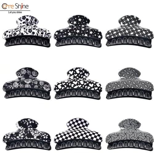 Korean Fashion Black White Geometric Print Large Acrylic Hair Clip for Thick Hair Claws Accessories Womens Crab Hairpin 2021