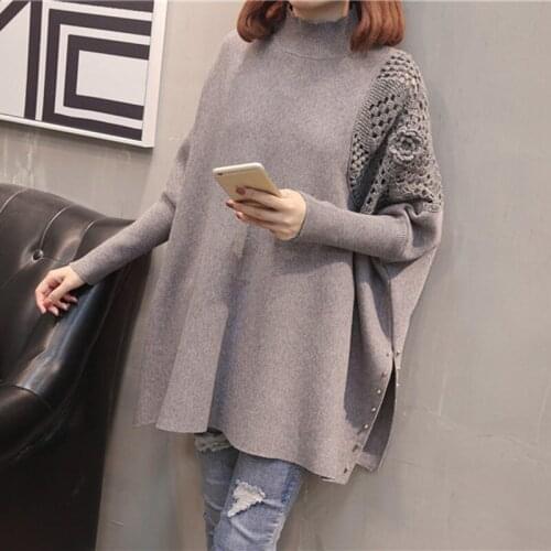 Half-high Neck Loose Knit Shawl Top 2021 Autumn New Korean Fashion Hollow Bat Sleeve Women Plus Size Thick Pullover Sweater e342